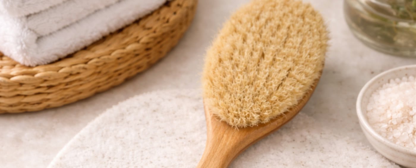 Doğal kıllı kuru fırçalama fırçası, hamam tuzu ve katlanmış havlularla